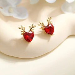 Women Red Deer Ear Heart Mini Small Stud Earring Fashion Glitter High Quality Simple Cute Jewelry Accessories for Ladies Causal