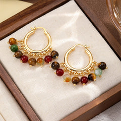 Fashion Natural Stone Copper 18K Gold Plated Beads Hoop Earrings for Girls Boho Vintage Jewelry for Women Ladies Wholesale Bulk