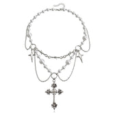 European and American Fashion Cross Jewelry Necklaces Double-Layer Highlight Pearl Tassel Cross Star Necklace Female Chic