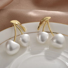 Cherry Round Imitation Pearl Stud Earrings Simple French Style Light Luxury Elegant Sweet Earrings Women Accessory Fashionable