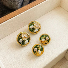 Fashion Freshwater Pearl Hand-Painted Drip Glaze Flower Stud Earrings for Girls Sweet Copper 18K Gold Jewelry Wholesale Bulk