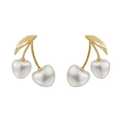 Cherry Round Imitation Pearl Stud Earrings Simple French Style Light Luxury Elegant Sweet Earrings Women Accessory Fashionable