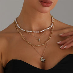 Fashion Glitter Moon Layered Wearing Necklaces for Girls Trendy Luxury Charms Jewelry for Women Ladies Accessories Wholesale