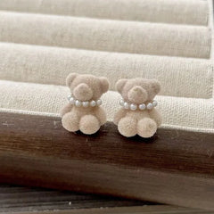 Fashion Sweet Fluffy Animals Bear Stud Earrings for Girls Trendy Imitation Pearl Jewelry for Women Ladies Accessories Wholesale