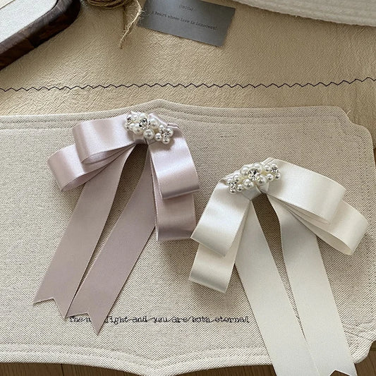 Korean Princess Satin Ribbon Bow Hairpin with Imitation Pearl High-end Hair Clips for Women Sweet Elegant Hair Accessories Bulk