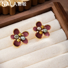 Women Dark Red Flower Shape Freshwater Pearl S925 Silver 18k Gold-plated Zircon Stud Earring Elegant in Stock Jewelry for Causal