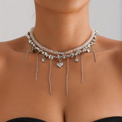 Fashion Beads Heart Shaped Tassel Necklaces for Girls Sweet Cute Elegant Jewellry for Women Ladies Accessories Double Layers