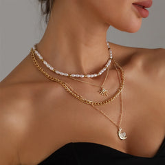 Fashion Glitter Moon Layered Wearing Necklaces for Girls Trendy Luxury Charms Jewelry for Women Ladies Accessories Wholesale