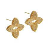 Gold Plated Quatrefoil Flower Stud Earrings Hollow Out Textured Geometric CZ Crystal Jewelry for Women Trendy Ear Accessories