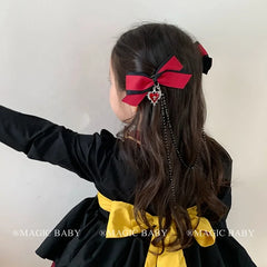 Red Bow Gothic Halloween Hair Clip for Kids Heart Cross Chain Spooky Cute Children Hair Accessories Chic Costume Party Hairpins