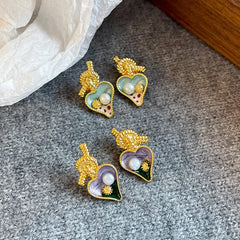 Women Green Purple Heart Shape 18k Gold-plated Pearl S925 Silver Stud Earring Vintage Elegant Low MOQ in Stock Jewelry for Daily