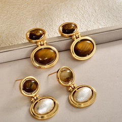 Retro Tiger Eye Stone and Faux Pearl Double Oval Drop Earrings Chic Statement Dangle Jewelry Women Ear Accessories Wholesale