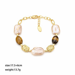 Fashion Baroque Pearl Tiger Eye Stone Copper 18K Gold Plated Bracelets for Girls Jewelry for Women Ladies Wholesale Bulk