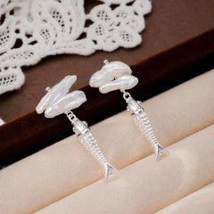 Fashion Baroque Pearl S925 Silver Cubic Zirconia Fish Animal Drop Earrings for Girls Jewelry for Women Ladies Wholesale Bulk