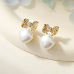 Fashion Bowknot Imitation Pearl Elegant Drop Earrings for Girls Sweet Dainty Charms Jewellry for Women Ladies Accessories Chic