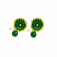 Female Green Pink Flower S925 Silver Freshwater Pearl 18k Gold-plated Drop Earring Bulk in Stock Fashion Jewelry for Daily