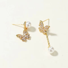 Elegant Simple Minimalistic Butterfly Drop Earrings for Girls Imitation Pearl Glitter Jewelry for Women Ladies Accessories
