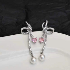 Sweet Fashion Bowknot Rhinestone Drop Earrings for Girls Imitation Pearl Simple Jewelry for Women Ladies Accessories Wholesale