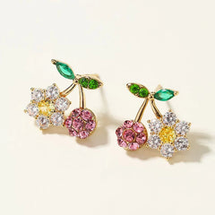 Sweet Stylish Trendy Glitter Fruits Bowknot Stud Earrings for Girls Fashion Elegant Rhinestone Jewelry for Women Lady Accessory