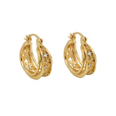 Trendy Coffee Gold Earrings Hollowed-out Circular Zircon Encrusted Ear Clips Fashionable Elegant Light Luxury Earrings Women