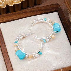 Fashion S925 Silver Copper White K Turquoise Freshwater Pearl Hoop Earrings for Girls Blue Sweet Jewelry for Women Ladies Bulk