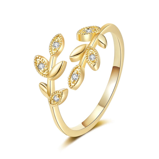 Fashionable Leaf Cross Rings for Women Zircon-encrusted Simple Leaf Open Rings Europe and America Trendy Accessories Wholesale