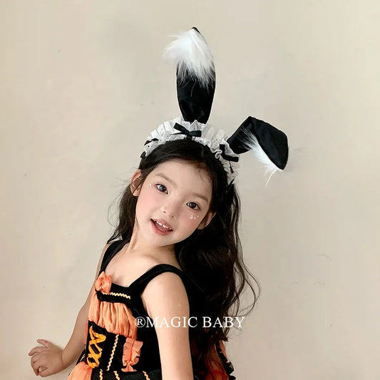 Halloween Bunny Ears Headband for Kids Lace Spooky Cute Rabbit Hairband Children Costume Party Hair Accessories Trick or Treat
