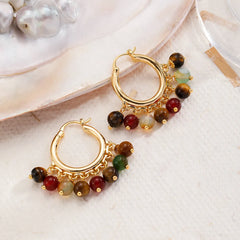 Fashion Natural Stone Copper 18K Gold Plated Beads Hoop Earrings for Girls Boho Vintage Jewelry for Women Ladies Wholesale Bulk