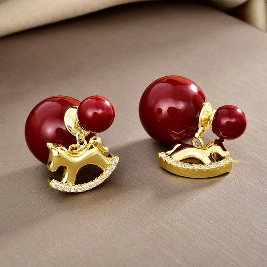 New Style Horse New Year Earrings Fashion Charm Red Imitation Pearl Stud Earrings for Horse Year Festival Ear Accessories Bulk
