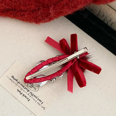 Red Velvet Hair Clip with Crystal Rhinestone and Faux Fur Pom Pom Hair Clips for Women Girls Fashion Hair Accessories Wholesale