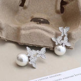 Female Hot Sale New Design Imitation Pearl Bow Rhinestone Drop Earring Fashion Glitter Charms Bulk Jewelry Accessories for Daily