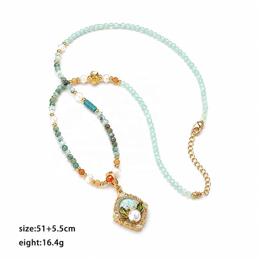 Women Elegant Freshwater Pearl Zircon African Turquoise Jasper Drip Glaze Hand-Painted Necklace Low MOQ Jewelry for Daily Causal