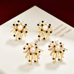 Gold Electroplated Zircon Stud Earrings Engraved Fireworks Imitation Pearl Ear Studs Fashion Exquisite Earring Jewelry for Women