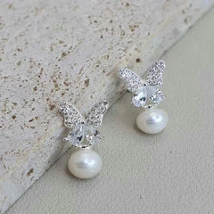 Ladies Hot Sale Butterfly Imitation Pearl Small Drop Earring Fashion Glitter Charms Wholesale High Quality Jewelry Accessories