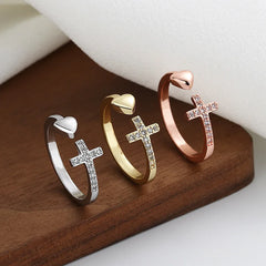 Zircon-encrusted Cross Heart-shaped Opening Rings for Women Couple Simple Rings Unisex in Stock Jewelry Accessories Wholesale