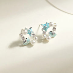 Copper Alloy Blue Sweet Stud Earrings with Starfish Conch Shell Pearl Earrings Light Fashion Ear Stud Wholesale Women's Jewelry