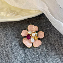 Fashion Flower Freshwater Pearl Cubic Zirconia Jade Brooches for Girls Copper 18K Gold Jewelry for Women Ladies Wholesale