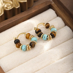 Fashion Turquoise Tiger Eye Stone Hoop Earrings for Girls Elegant Vintage 18K Gold Plated Jewelry for Women Ladies Wholesale