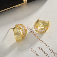 Zirconia Half-circle Interlocking Copper Brushed Ear Studs Fashionable Elegant Versatile Light Luxury Earrings Women Unisex