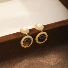 Fashion Tiger Eye Stone Copper 18K Gold Plated S925 Silver Drop Earrings for Girls Trendy Jewelry for Women Ladies Wholesale