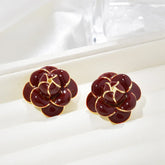 Burgundy Flower Copper Stud Earrings Women's Retro Dripping Oil Style Elegant Earrings Autumn and Winter Fashion Ear Jeweley