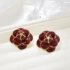 Burgundy Flower Copper Stud Earrings Women's Retro Dripping Oil Style Elegant Earrings Autumn and Winter Fashion Ear Jeweley