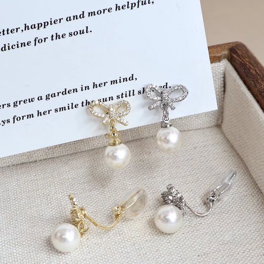 Cute Sweet Bowknot Imitation Pearl Trendy Clip on Earrings for Girls Refined Dainty Jewelry for Women Ladies Accessories Chic