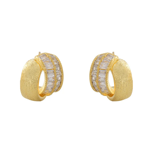Zirconia Half-circle Interlocking Copper Brushed Ear Studs Fashionable Elegant Versatile Light Luxury Earrings Women Unisex