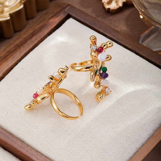 Women Purple Crystal Stone Rose Red Green Zircon Freshwater Pearl Open Rings Elegant Fashion Glitter in Stock Jewelry for Female