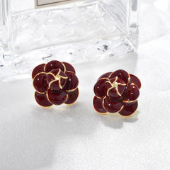 Burgundy Flower Copper Stud Earrings Women's Retro Dripping Oil Style Elegant Earrings Autumn and Winter Fashion Ear Jeweley