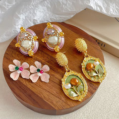 Fashion Vintage Flower Copper 18K Gold Plated S925 Silver Freshwater Pearl Drop Earrings for Girls Jewelry for Women Ladies