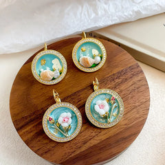 Women Green Shell Flower 18k Gold-plated Zircon Drip Glaze Hand-Painted Graffiti Stud Hoop Earring Low MOQ in Stock for Causal