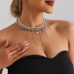 Fashion Beads Heart Shaped Tassel Necklaces for Girls Sweet Cute Elegant Jewellry for Women Ladies Accessories Double Layers
