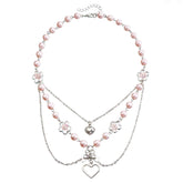 Fashion Sweet Princess Style Imitation Pearl Heart Shaped Necklaces Layered Wearing Jewelry for Women Ladies Accessories Daily